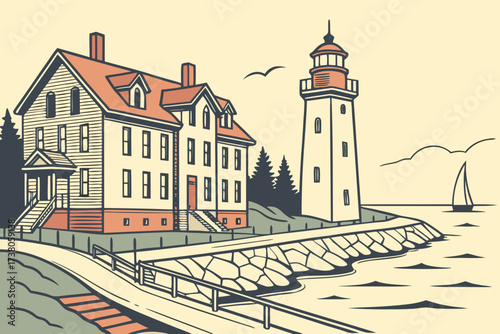 Old Town Marquette in Michigan, preserved stone facades along Lake Superior shoreline with lighthouses nearby