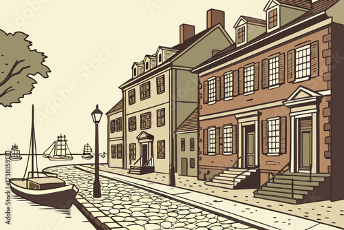 Old Town New Castle in Delaware, cobblestone streets with Dutch colonial brick houses and waterfront views
