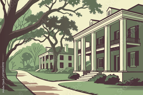 Old Town Natchez in Mississippi, antebellum mansions with white columns and oak-lined avenues