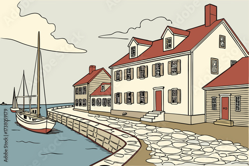 Old Town Newport in Rhode Island, colonial harbor town with clapboard houses and cobblestone wharves