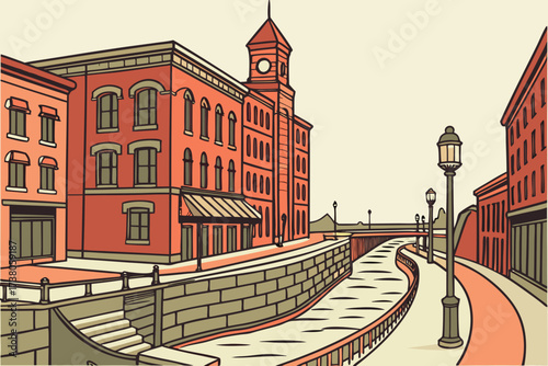 Old Town Sault Ste. Marie in Michigan, historic canal town with red-brick storefronts and ship locks