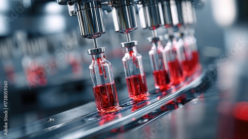 A photorealistic and high-resolution image showing a sterile, fully automated production line in a factory. Rows of vials containing a brightly colored red liquid are moving along a conveyor belt whil