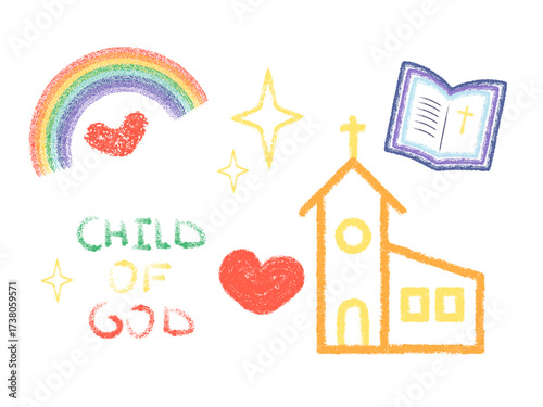 Crayon kid drawings- childlike drawings of church, cross, stars, quote from the bible, hearts,bible and rainbow. Christian concept. Vector illustration