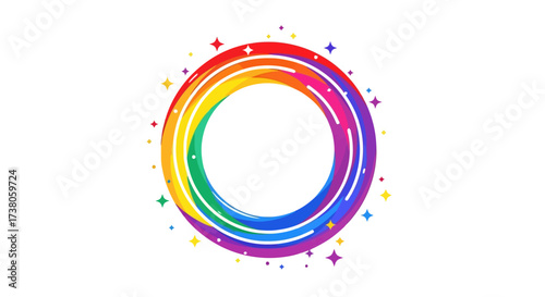 Vibrant and playful circular frame with rainbow colors and sparkling star accents illustration