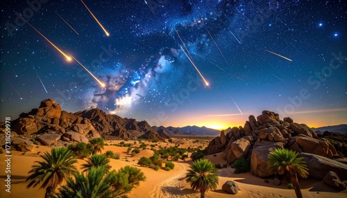Meteor Shower Over Desert Landscape with Palm Trees  Milky Way.