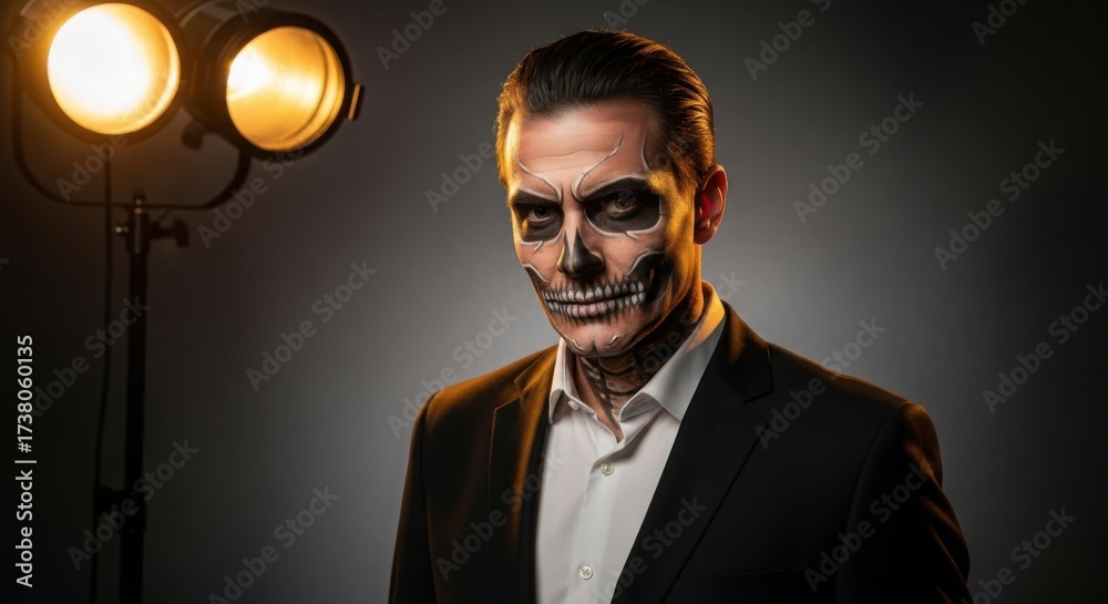 Fototapeta premium Man in suit with skeleton face paint under bright studio lighting setup