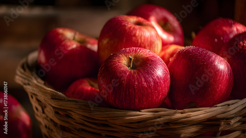 Fresh red apples in a woven basket showcasing vibrant colors and natural textures