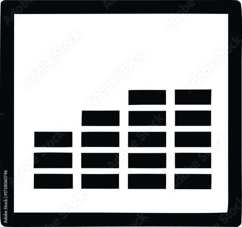 Audio equalizer graphic representation with rising bar chart segments symbolizing sound levels and frequencies for music technology applications