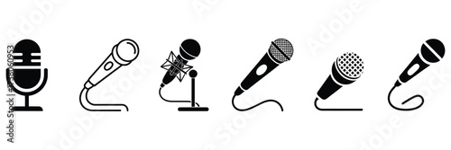 Microphone Icon Set – Flat and Line Style Vector Illustrations – Audio Recording and Podcast Symbols Isolated on White Background for Web and App Design