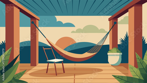 A patio with a handwoven hammock and a handcarved wooden bench providing a peaceful spot to enjoy the outdoors.