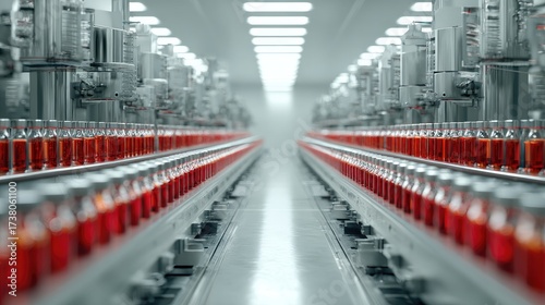 A photorealistic and high-resolution image showing a sterile, fully automated production line in a factory. Rows of vials containing a brightly colored red liquid are moving along a conveyor belt whil