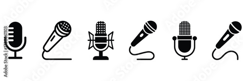Microphone Icon Set – Flat and Line Style Vector Illustrations – Audio Recording and Podcast Symbols Isolated on White Background for Web and App Design