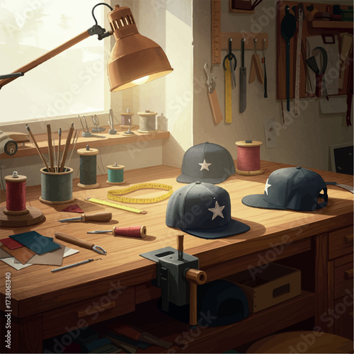 Custom Baseball Caps in Hat Maker Workshop – Flat Vector with Tools, Workbench, and Natural Lighting