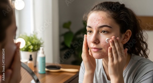 Fototapeta Naklejka Na Ścianę i Meble -  Young woman applying cream to her face while looking in a mirror in a well lit bathroom space