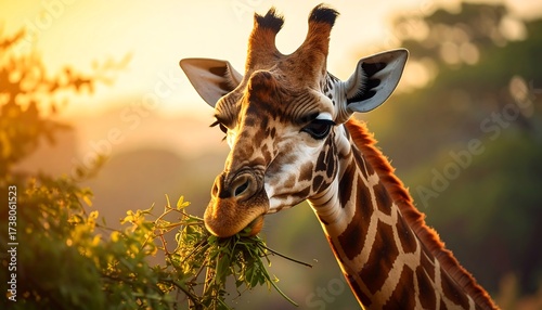 Giraffe eating leaves at sunset