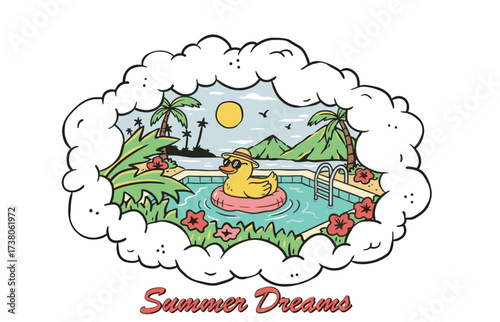 Summer Dreams Rubber Duck in a Pool Illustration. Retro Cartoon of a Tropical Vacation Paradise.