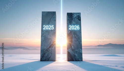 Transition from 2025 to 2026 with futuristic sone pillars