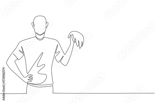 Single continuous line drawing a bald man holding a wig. Covering baldness. Involved in the fashion industry. New style with thick hair. National Wig Out Day. One line design vector illustration