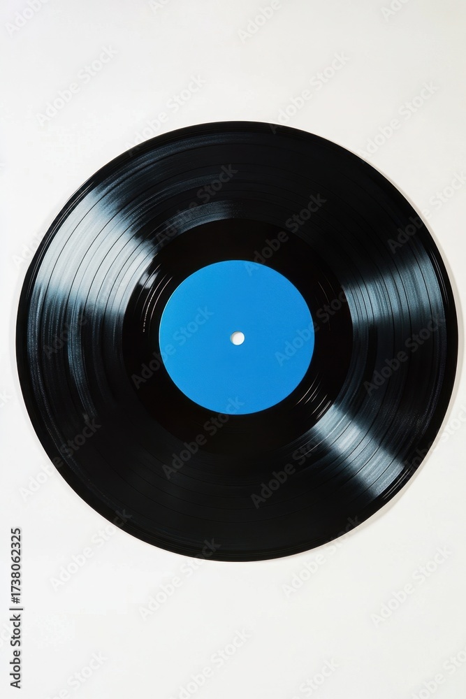 Obraz premium Black vinyl record with blue label isolated on white background symbolizing retro music sound classic and style