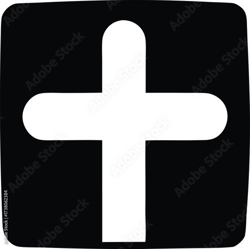 Simple white cross symbol centered inside a black square icon minimalist christian religious graphic design element