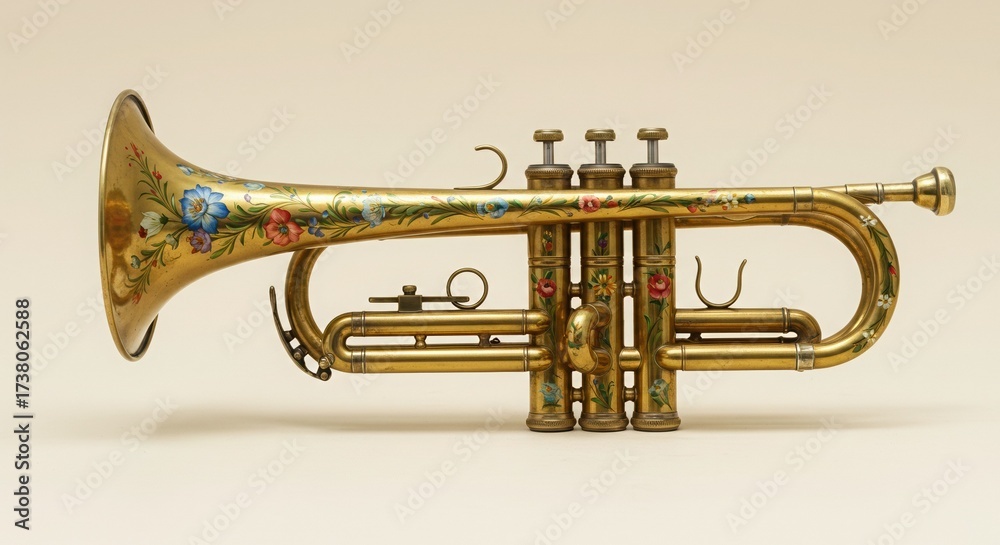 Obraz premium Ornate Floral-Painted Brass Trumpet on Cream Background, Detailed Musical Instrument Still Life