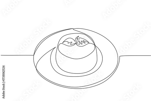 Single one line drawing vanilla pudding topped with mint leaves and caramel sauce on plate. Simple yet luxurious presentation. National Vanilla Pudding Day. Continuous line design graphic illustration