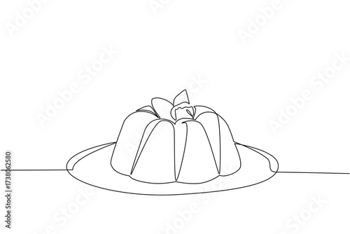 Single one line drawing vanilla pudding with raspberries topping on a plate. Complementary snacks after lunch. Delicious. National Vanilla Pudding Day. Continuous line design graphic illustration