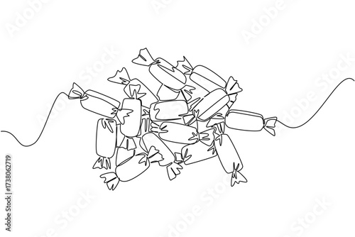 Continuous one line drawing pile of colorful candy. Bring plenty of stock to snack on while studying. Enjoy sweet and soft taste in one. National Taffy Day. Single line draw design vector illustration