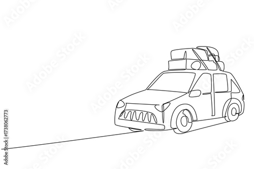 Single continuous line drawing car carrying a lot of luggage on the roof rack. Family car for long road trips. Excess clothing supply. National Road Trip Day. One line design vector illustration