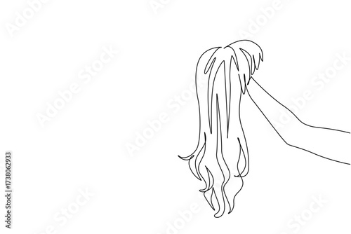 Single one line drawing wig held by hand. More beautiful appearance. Exhibits an aura of extraordinary beauty. Following the fashion. National Wig Out Day. Continuous line design graphic illustration