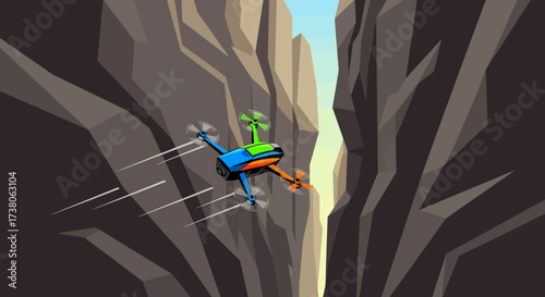 A vibrant green and blue drone with orange accents swiftly navigates through a narrow canyon.