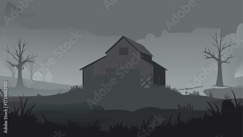 Barn and trees in a foggy monochrome scene