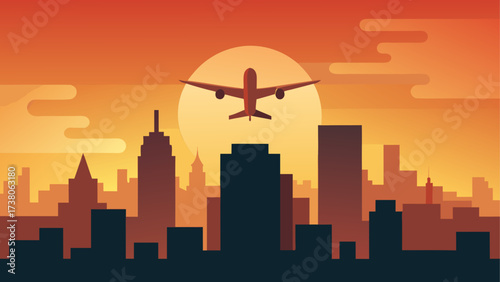 Airplane flying over the city at sunset