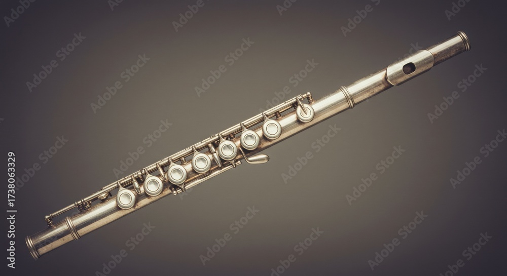 Fototapeta premium Silver Flute on Gray Background, Musical Instrument Detail.