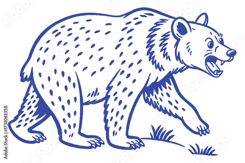 Angry Bear Walking in Blue Outline 