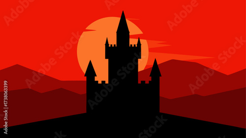 Castle silhouette against a red sunset sky