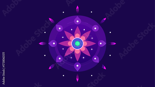 A purple floral mandala with outer accents