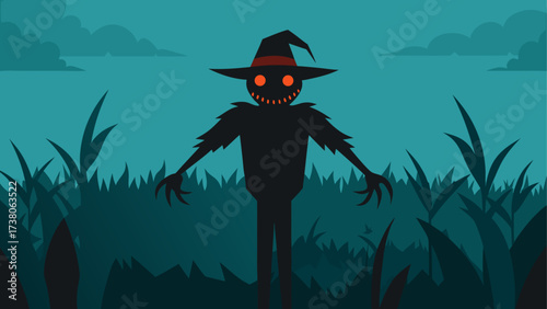 Scarecrow silhouette in a field at night