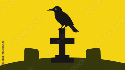 Black crow perched on a graveyard cross
