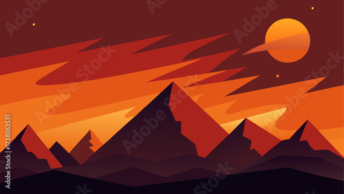 Illustration of mountains and sunset sky