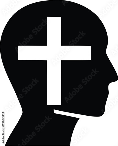 Symbolic human head profile silhouette with white christian cross inside represents faith and spirituality concept