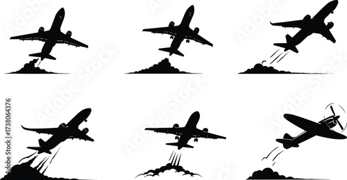Black and white airplane takeoff vector silhouettes with commercial jets, propeller aircraft, smoke trails, motion lines, aviation transport, and flight dynamics