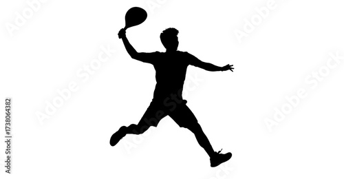 Silhouette of man jumping and playing paddle tennis on white background