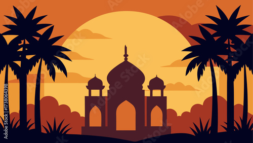 Silhouette mosque with palms at sunset glow
