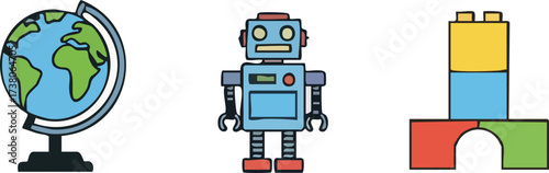 Toys and Learning Tools Globe Robot and Blocks.