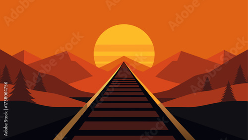 Railroad tracks leading to the sunset sky