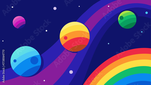 Planets and rainbow in colorful space art