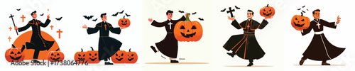 vector of a man in a priest costume dancing at a Halloween celebration
