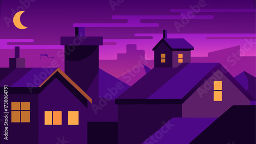 Houses under moonlight in purple night sky