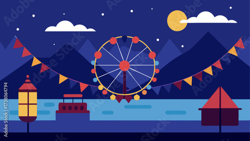 Night scene with ferris wheel and flags